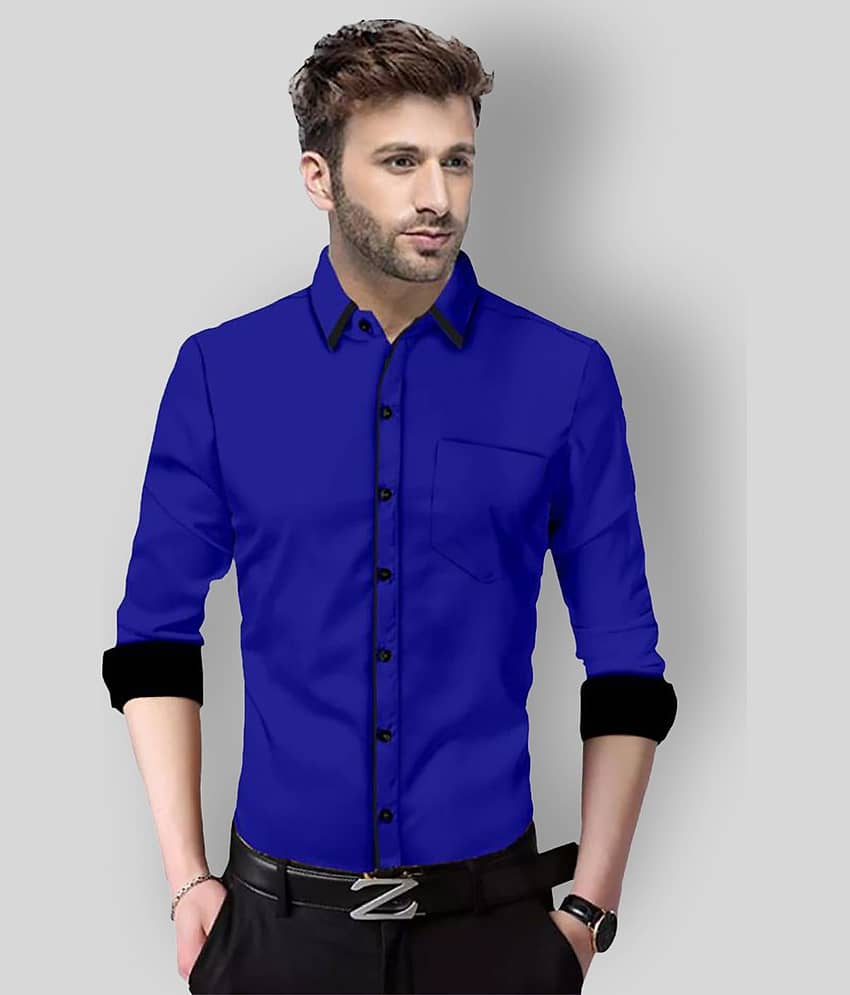 P&V Cotton Blend Slim Fit Solids Full Sleeves Men's Casual Shirt - Blue ( Pack of 1 )