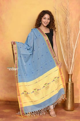 Mastaani ~ Handloom Pure Cotton Paithani Dupatta With Beautiful Handweave and Tassels ~ Powder Blue