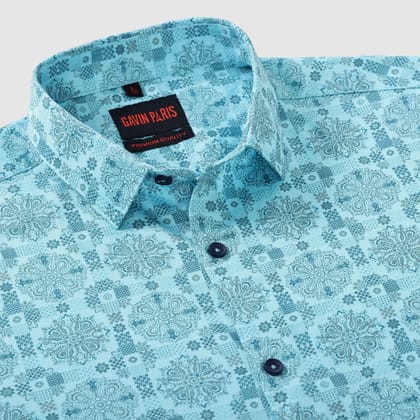 Aqua Blue Floral Medallion Print Men's Slim Fit Full Sleeve Shirt (GP298)-M-38 / Full Sleeve