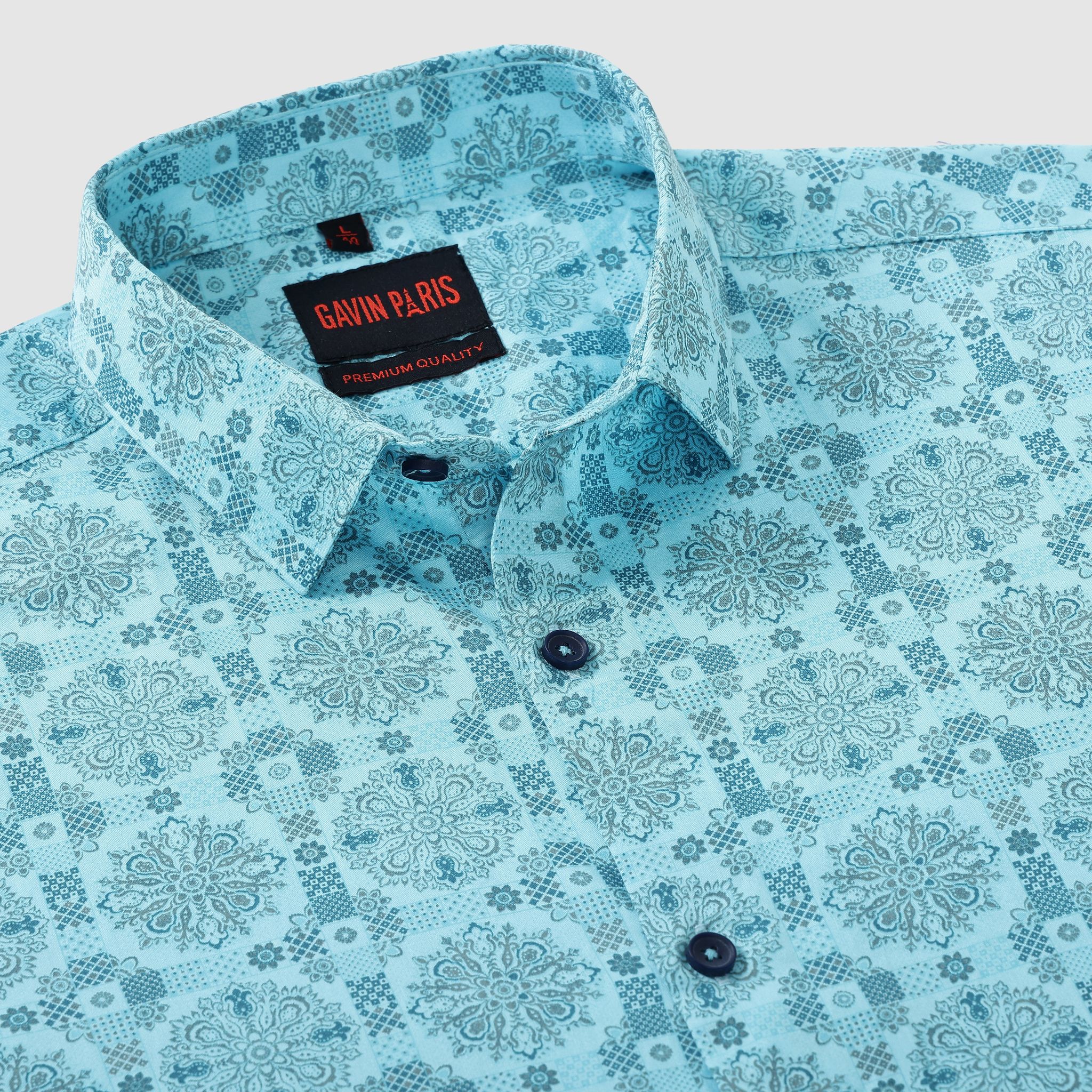 Aqua Blue Floral Medallion Print Men's Slim Fit Full Sleeve Shirt (GP298)-M-38 / Full Sleeve