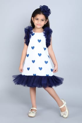 Heart Printed A Line Cotton Dress -Navy Blue-1-2Y / Navy Blue