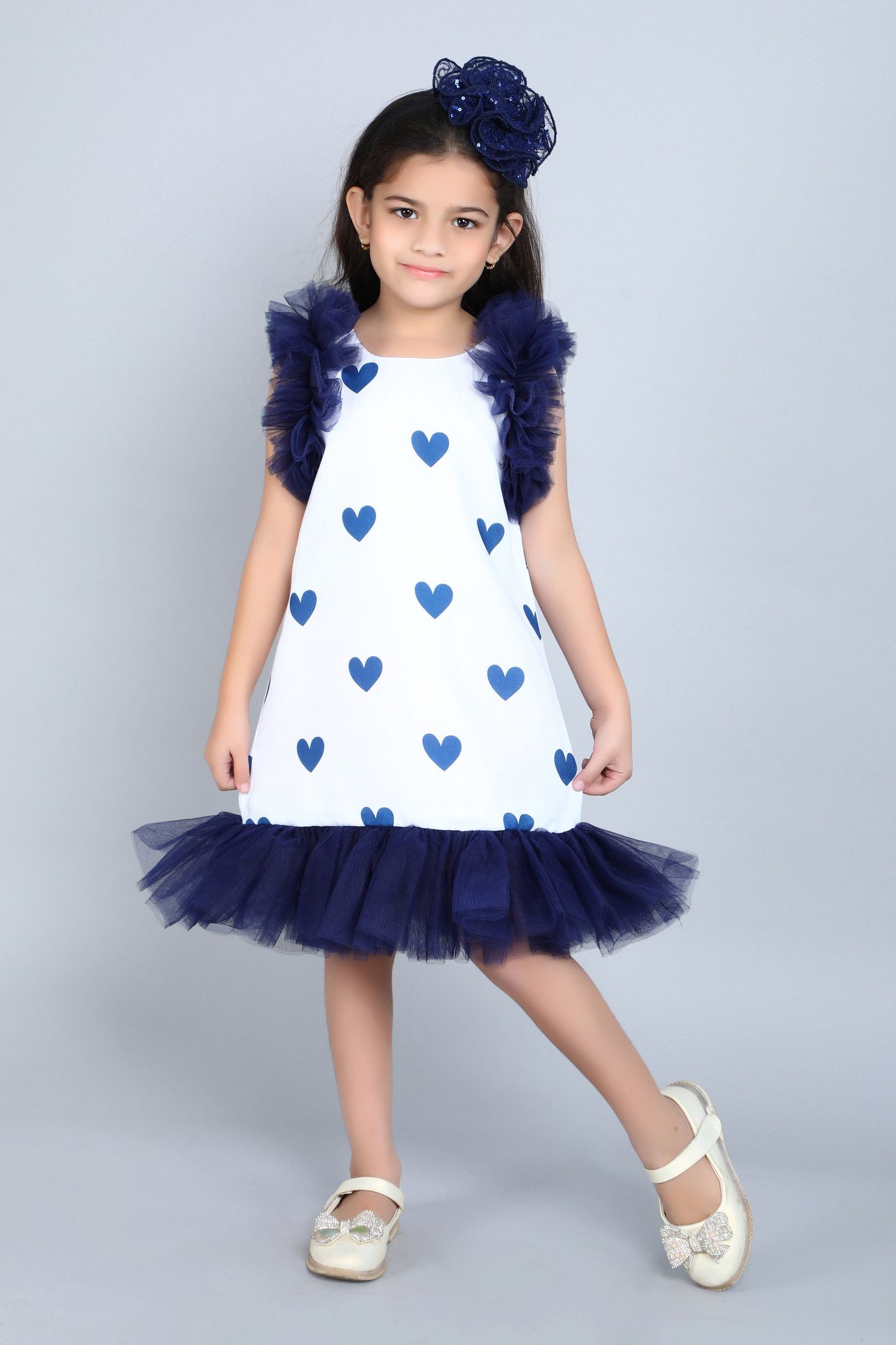 Heart Printed A Line Cotton Dress -Navy Blue-1-2Y / Navy Blue