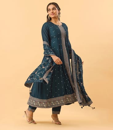 Teal Festive Embroidered Anarkali Set-L / Teal