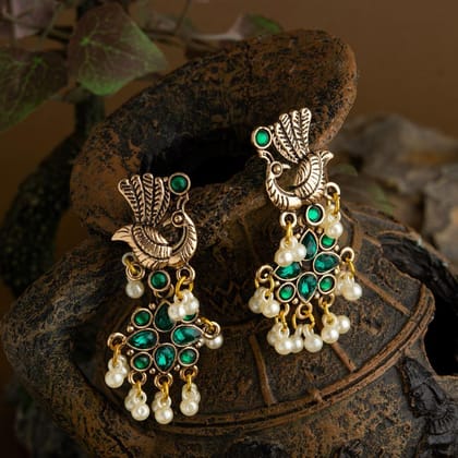 Gold Plated Peacock Design Stone Studded With Hanging Pearl