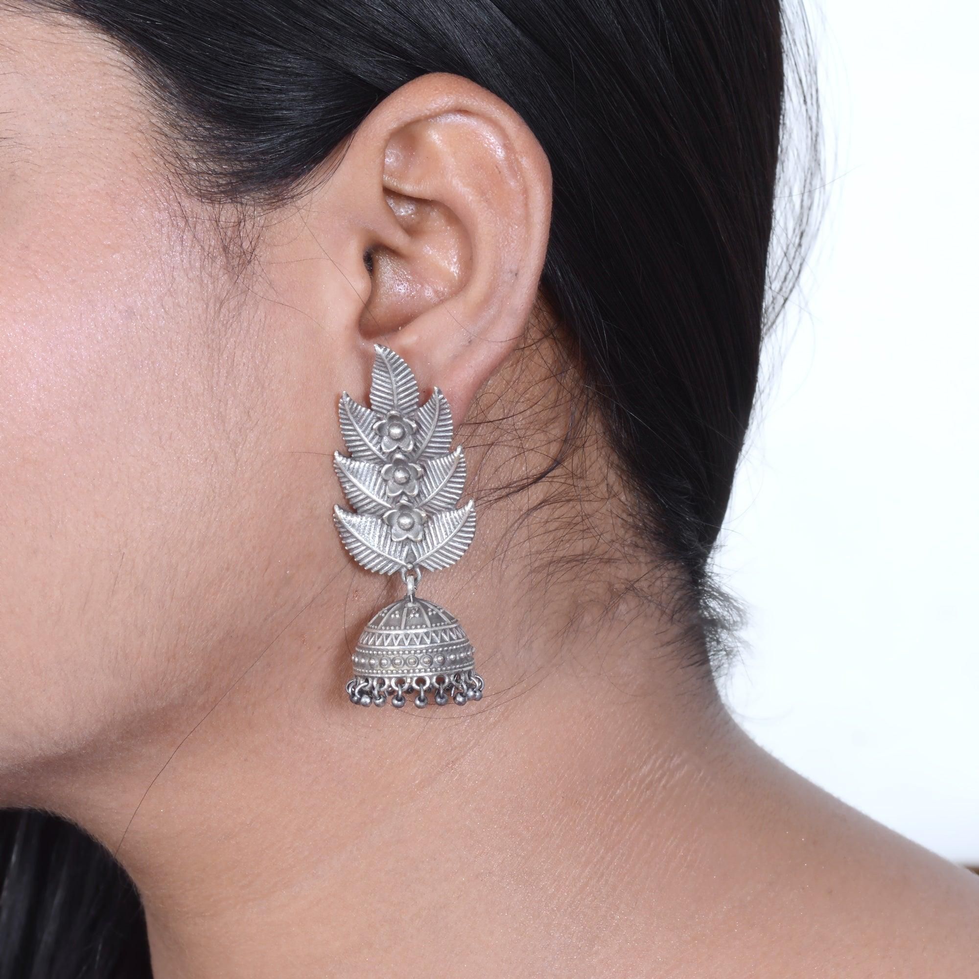 Premium Oxidized Silver Plated Leaves Jhumka
