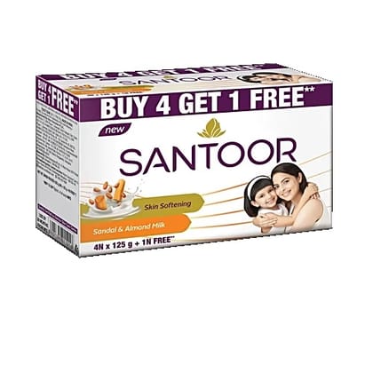Santoor Sandal & Almond Milk Bathing Soap, 125 g (Buy 4 Get 1 Free)