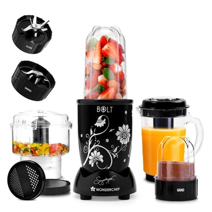 Wonderchef Nutri-blend BOLT Complete Kitchen Machine|600W Powerful100% Full Copper Motor|4 unbreakable jars with Sipper lid|2 Years warranty|Recipe book by Chef Sanjeev Kapoor|Black Wonderchef Nutri-blend BOLT Complete Kitchen Machine|600W Powerful100% F