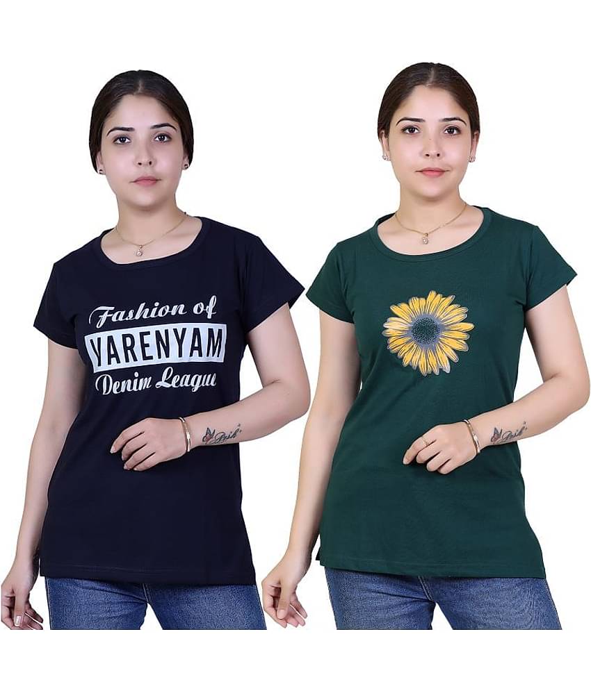 Varenyam Women Cotton Regular Fit Round Neck T-Shirt ( Navy )
