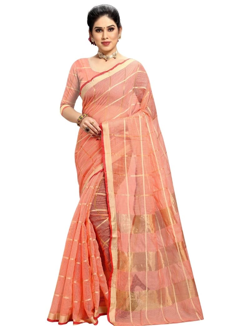 Generic Women's Kota Doria Cotton Checked Saree With Blouse (Peach, 5-6  Mtr)