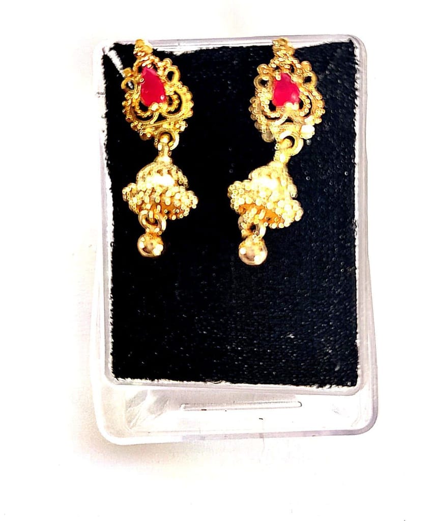 Gold Plated Traditional Indian Jhumka Earrings with Red Stones