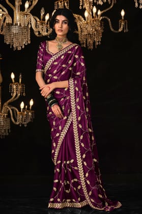 Purple Embroidered Organza Silk Saree