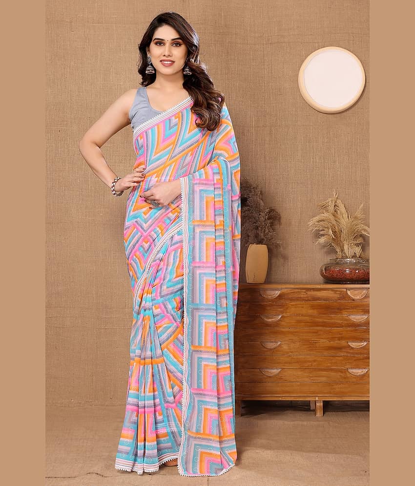 Gazal Fashions Georgette Printed Ready to Wear Saree With Unstitched Blouse Piece ( Multicolour )