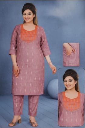 Women's Cotton Kurta Pant Set, Pink Yoke,Embroidered, 3/4 Sleeve