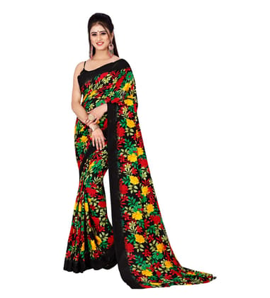 Women's Poly Georgette Printed Saree without Blouse (Black)