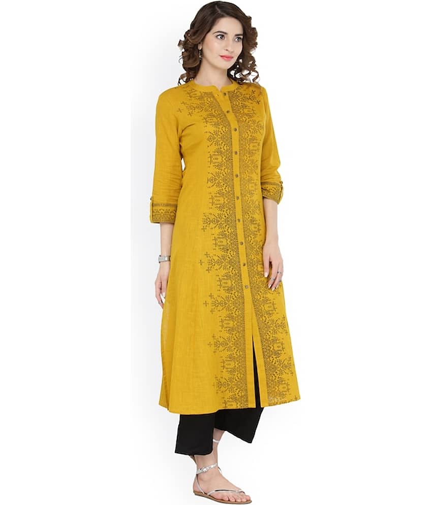 Varanga Cotton Printed Front Slit Women's Kurti - Yellow ( Pack of 1 )