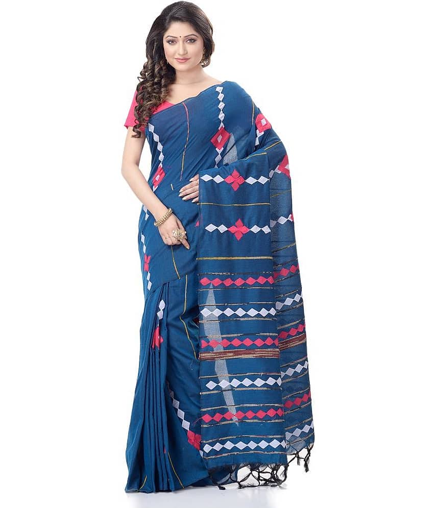 Desh Bidesh Cotton Blend Striped Saree With Unstitched Blouse Piece ( Blue )