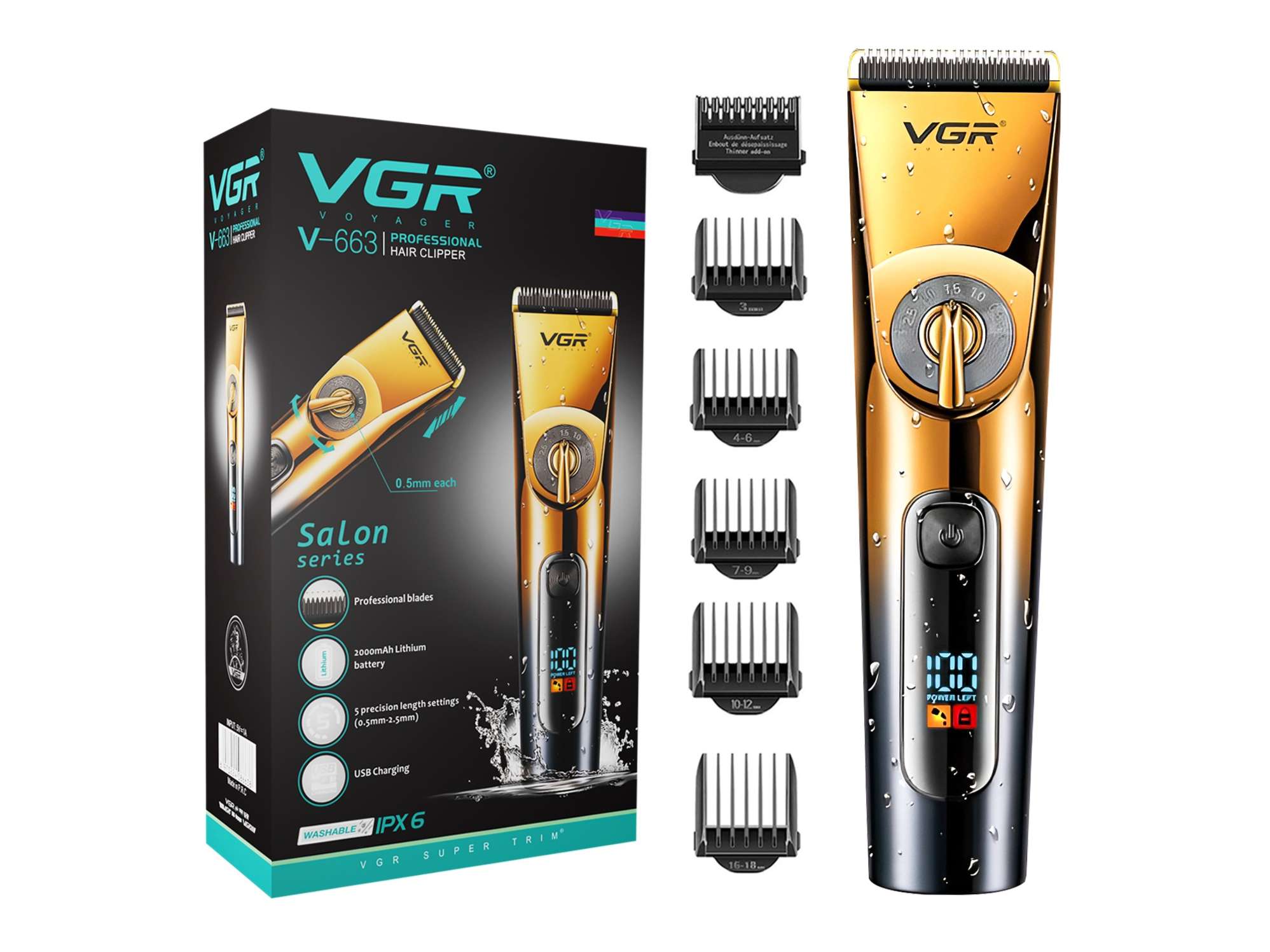 VGR V-663 Professional Hair Clipper, Digital Display, Ceramic & Titanium blades, Fully Waterproof Trimmer 200 min Runtime 11 Length Settings (Gold)