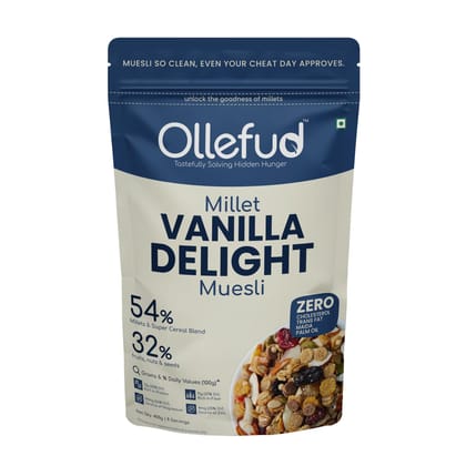 Ollefud Millet Vanilla Delight Muesli | 32% (Fruits, Nuts & Seeds) | Coconut Jaggery & Honey | Protein & Fiber Rich | Iron, Zinc & Magnesium Source