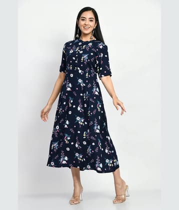MAURYA Women Rayon Printed A-line Dress ( Navy Blue )