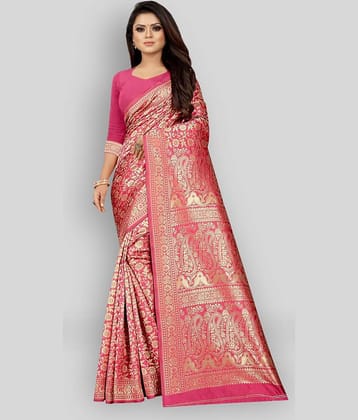 Gazal Fashions Silk Printed Saree With Unstitched Blouse Piece ( Pink )