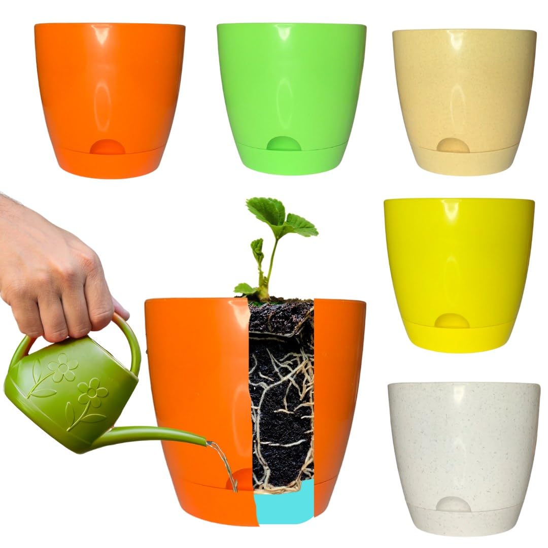 Self Watering Plastic Planter Pots for Indoor and Outdoor Plants, Houseplants, Flowers - Set of 4 (Large)
