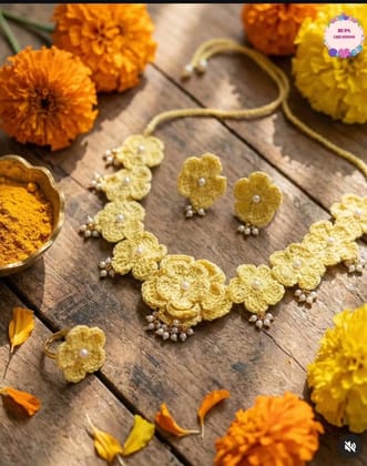 Bridal necklace set.Yellow colour thread flower with white lariya necklace  earrings finger ring