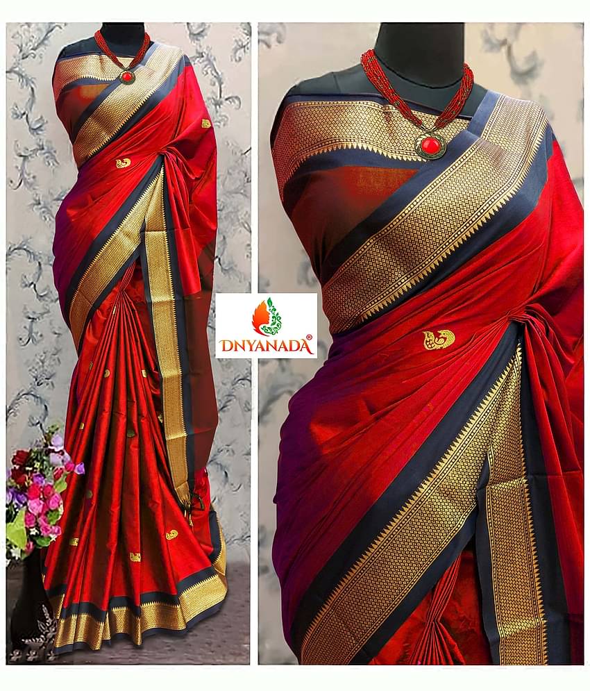 Mysstre Cotton Silk Woven Saree With Unstitched Blouse Piece ( Red )