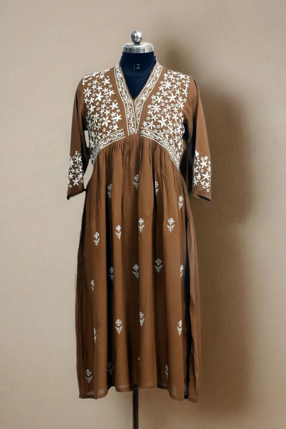 Hand-Embroidered Chikankari Modal V Neck Kurti | Brown