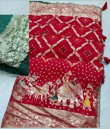 Vkaran Cotton Silk Woven Banarasi saree With Unstitched Blouse Piece ( Red )