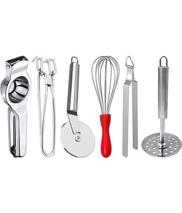 JISUN - Silver Stainless Steel Lemon-Pakkad-Pizza Cutter-Whisk-Chimta-Masher ( Set of 6 )