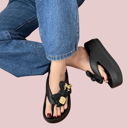Black Teddy Bow Flip Flop-36-37