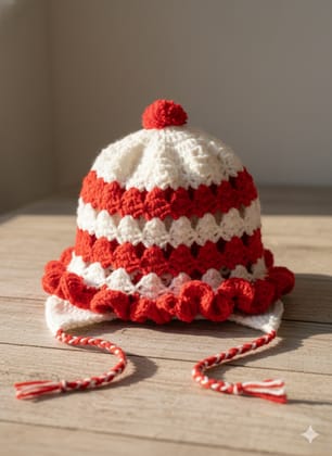 Handcrafted Red & White Woolen Crochet Baby Cap with Pom-Pom – 10×10×5 cm –1 Piece