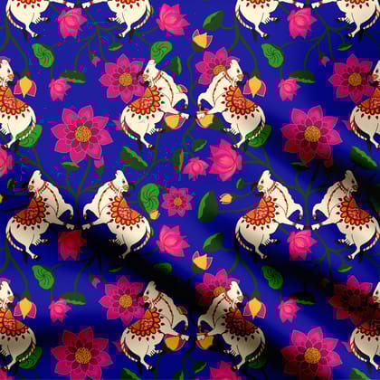 Blue color Pichwai print with lotus and cow Print Fabric-Cotton