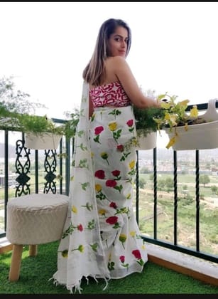 TheHangr Beautiful White Linen Saree With Multicolour Flower Print