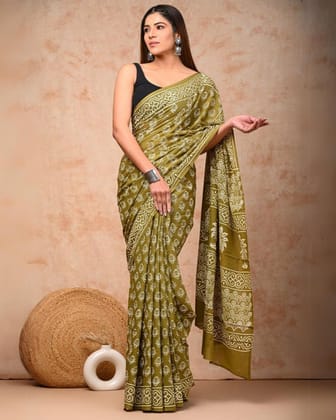 Blockprinted Pure Mul Cotton Olive Green Saree