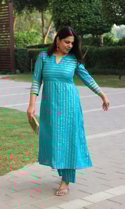 Cotton Lurex Teal & Gold Flared Kurta with Pants-XXS