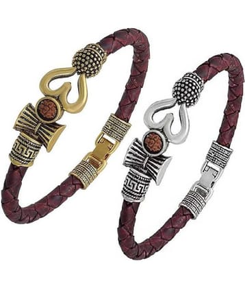 VeBNoR OM Trishul Damroo Designer Oxidized Gold Leather Kada Bracelet Set 2