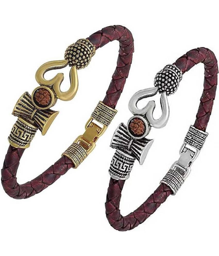 VeBNoR OM Trishul Damroo Designer Oxidized Gold Leather Kada Bracelet Set 2