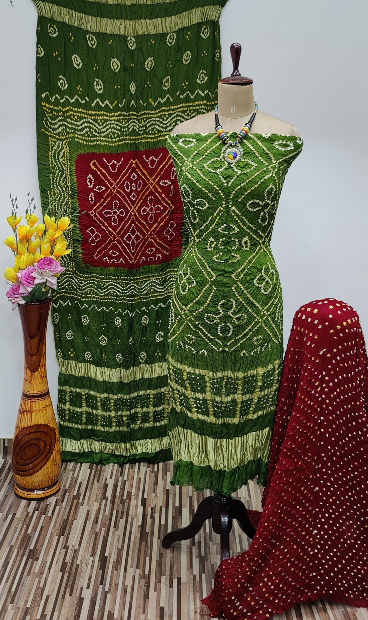 Modal Ghazi Silk Daman Work Barik Bandhej Bandhani Dress Material (Unstitched)-Green-Red