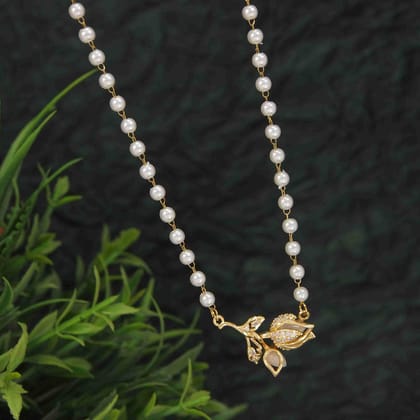 Stainless Steel Rose Pendent Pearl Chain Necklace- STNK 4950