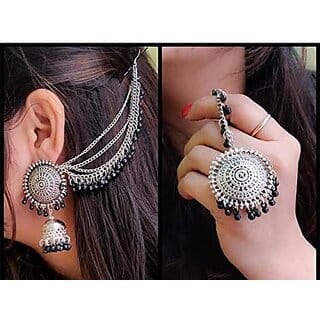 Silver Jewellry Oxidised Black Maang Tikka With Earring for Women  Girls