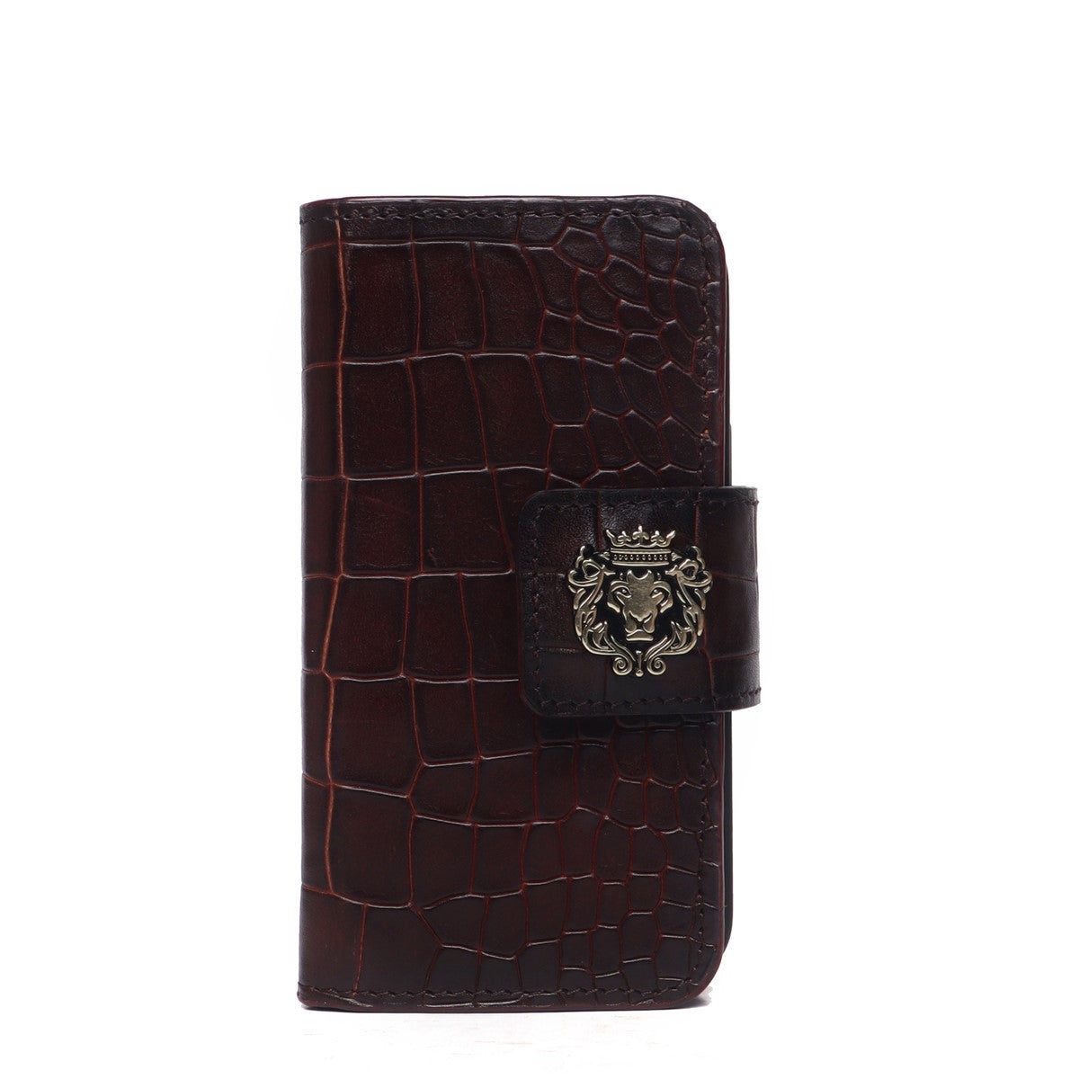 Brown Flip Case Mobile Cover in Croco Textured Leather by Brune & Bareskin-15ProMax