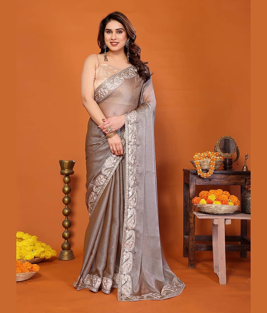BLEESBURY Shimmer Embroidered Regular Saree With Unstitched Blouse Piece ( Grey )