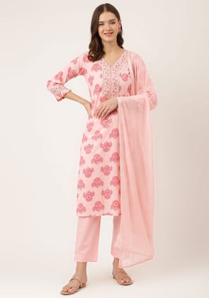Petal Pink Floral Kurta Pant Set with Dupatta-XS