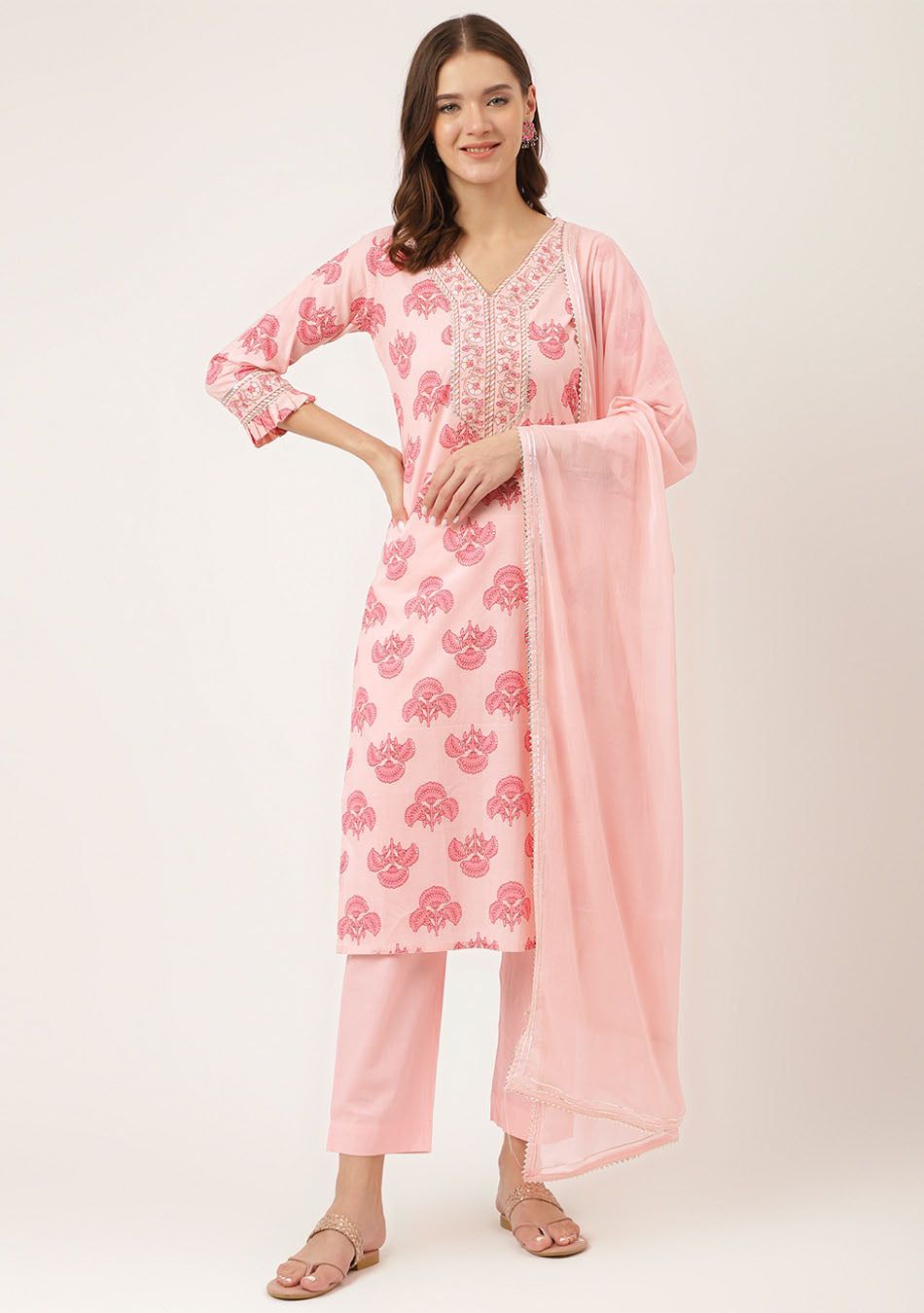 Petal Pink Floral Kurta Pant Set with Dupatta-XS