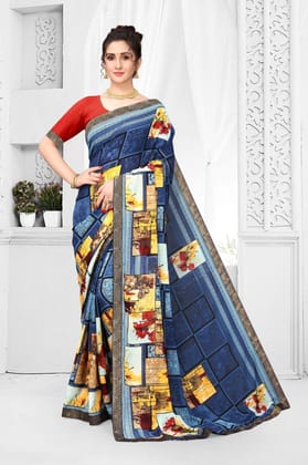 TheHangr Beautiful Printed Pure Georgette Saree Less Border With Cotton Silk Blouse Piece -  Steel Blue