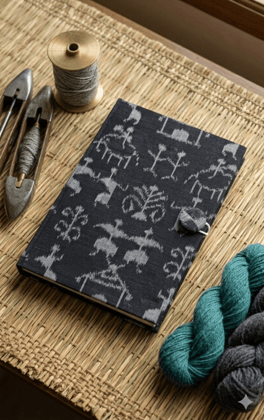 Bivabari Handloom Ikat Fabric Notebook | Black and Grey | 50 Pages | Handmade Paper, Button Closure | Journaling
