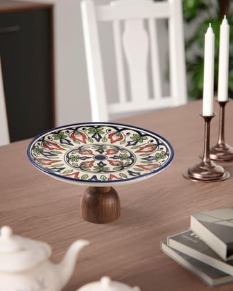 Hand Painted Ceramic & Wood Platter - 10"-10 Inches / Ceramic & Wood