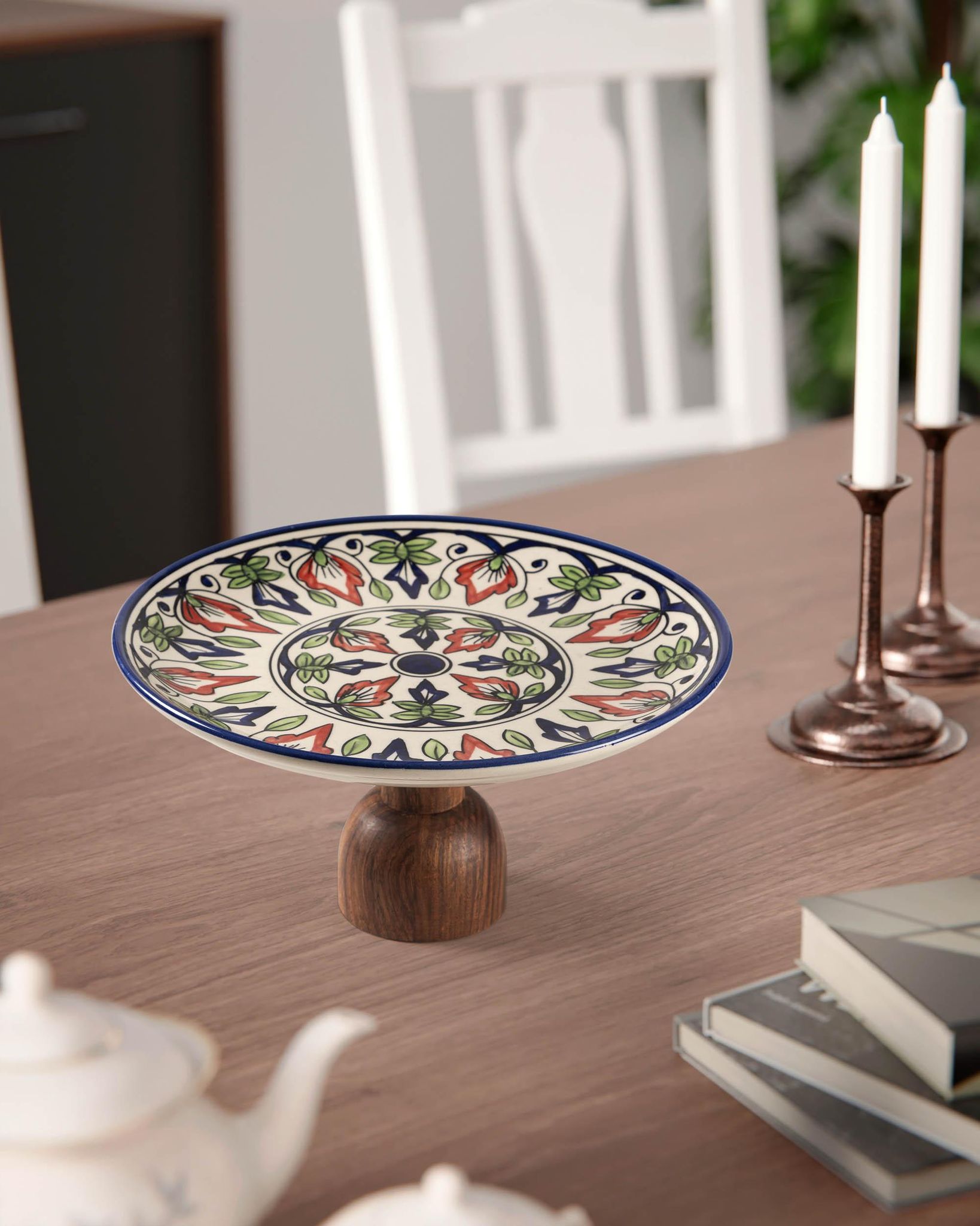 Hand Painted Ceramic & Wood Platter - 10"-10 Inches / Ceramic & Wood