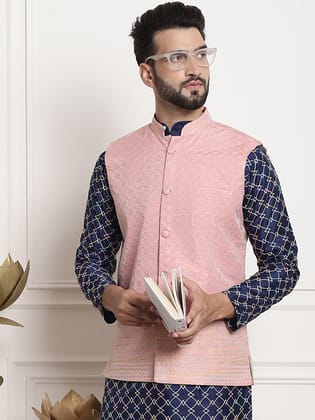 Men's Jacquard Silk, Pink with traditional Work On Bottom-36